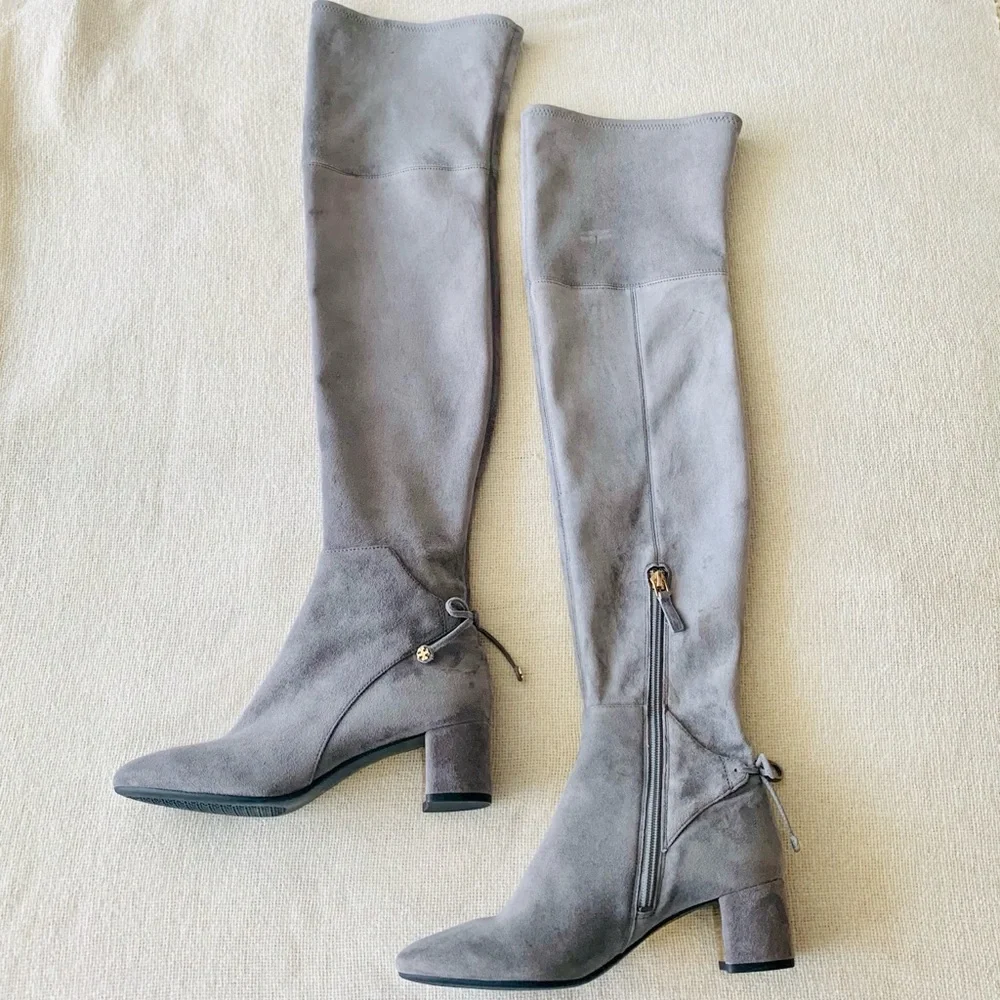 Tory Burch Laila Gray Suede Stretch Over The Knee Boots Size 5 Block Heel OTK